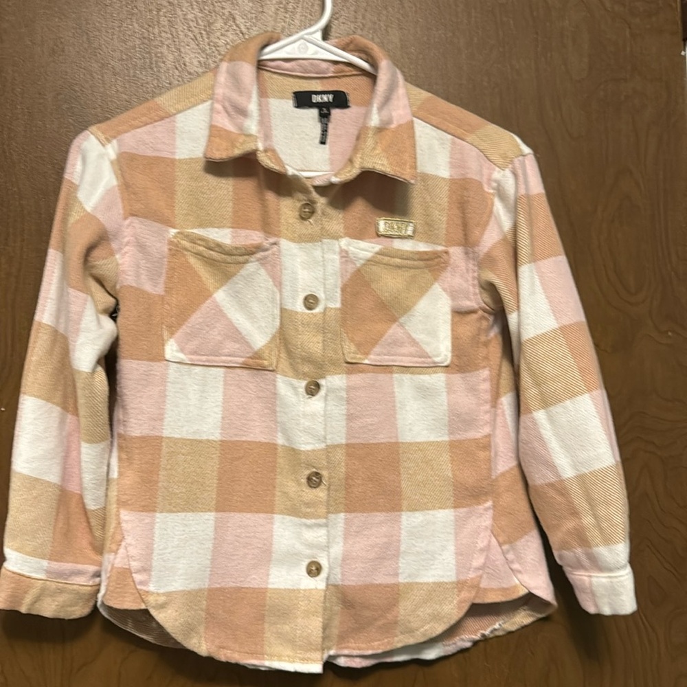 DKNY pink and tan plaid shirt size S (7) girl